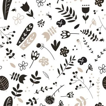 Doodle seamless pattern with forest and meadow plants. Black and beige on a Stock Illustration