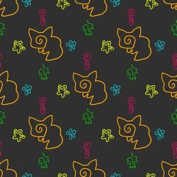 Doodle seamless pattern with foxes and stars Stock Illustration