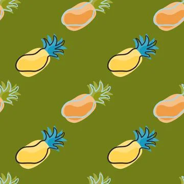 Doodle seamless pattern with fresh organic pineapples elements. Green backgro Stock Illustration