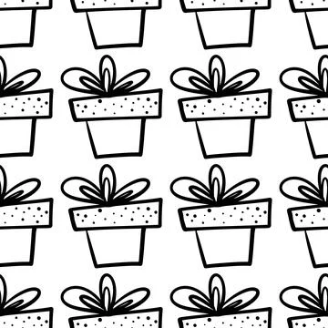 Doodle seamless pattern gift boxes on white backdrop. Stock Illustration