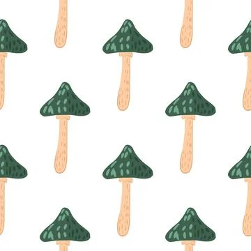 Doodle seamless pattern with green magic mushrooms silhouettes. White backgro イラスト素材