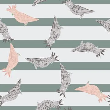 Doodle seamless pattern with grey and pink cockatoo parrot ornament. Striped  Stockillustratie