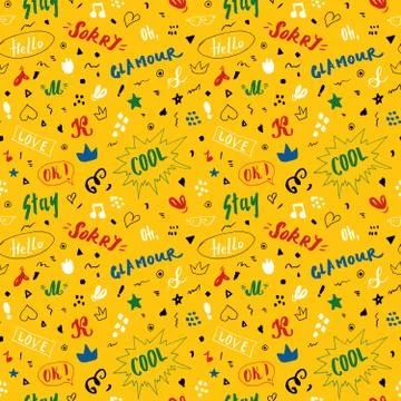 Doodle Seamless Pattern, hand drawn pop art signs and symbols background, Vec Illustrazione stock