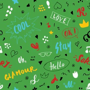Doodle Seamless Pattern, hand drawn pop art signs and symbols background, Vec Illustrazione stock