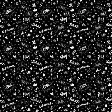 Doodle Seamless Pattern, hand drawn pop art signs and symbols background, Vec Illustrazione stock
