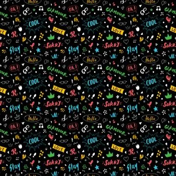 Doodle Seamless Pattern, hand drawn pop art signs and symbols background, Vec Stock Illustration