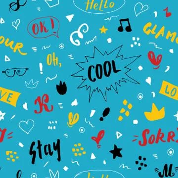 Doodle Seamless Pattern, hand drawn pop art signs and symbols background, Vec Illustrazione stock