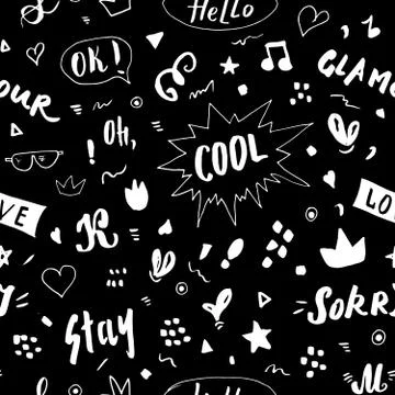 Doodle Seamless Pattern, hand drawn pop art signs and symbols background, Vec Illustrazione stock