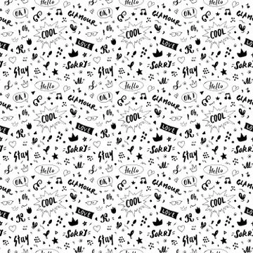 Doodle Seamless Pattern, hand drawn pop art signs and symbols background, Vec Illustrazione stock