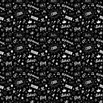 Doodle Seamless Pattern, hand drawn pop art signs and symbols background, Vec Illustrazione stock