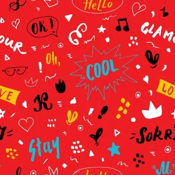 Doodle Seamless Pattern, hand drawn pop art signs and symbols background, Vec Illustrazione stock