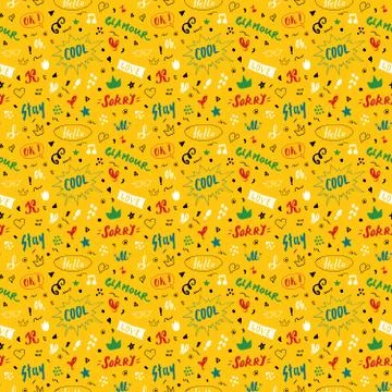Doodle Seamless Pattern, hand drawn pop art signs and symbols background, Vec Illustrazione stock