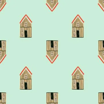 Doodle seamless pattern with hand drawn brown wood village elements. Blue bac Ilustración de archivo