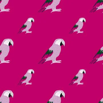 Doodle seamless pattern with hand drawn lilac ara parrot print. Pink bright b Stockillustratie