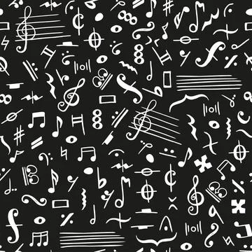 Doodle seamless pattern with hand drawn music notes on black background Stock Illustration