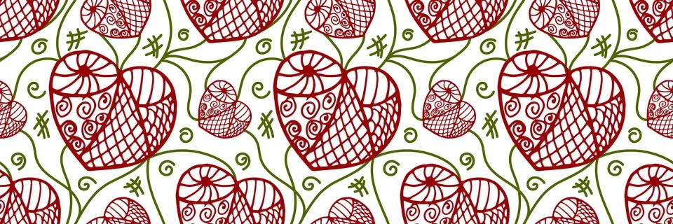 Doodle Seamless pattern with hearts and Swirls. Vector Illustration. Design.. Stock Illustration
