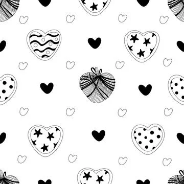 Doodle seamless pattern with hearts decorated with stars, ribbons, polka dots. Stock Illustration