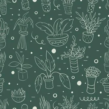 Doodle seamless pattern house plants Stock Illustration