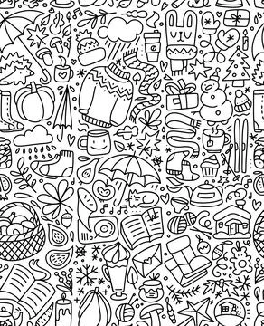 Doodle seamless pattern of hygge elements. Autumn and winter cozy things Stockillustratie