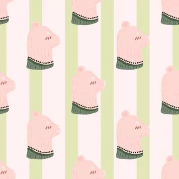 Doodle seamless pattern in kids style with cute pink bear head ornament. Past Stock Illustration