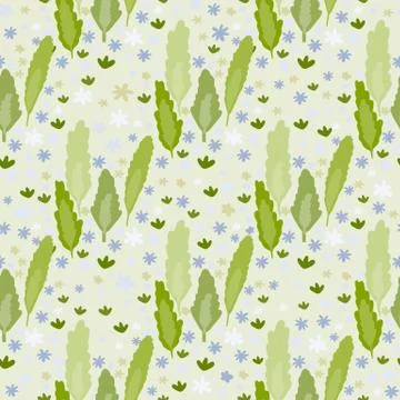 Doodle seamless pattern with leafs silhouettes and little daisy elements. Lig Stock Illustration