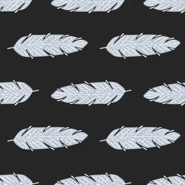 Doodle seamless pattern with light blue leaf silhouettes. Black background. C Illustrazione stock