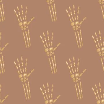 Doodle seamless pattern with ligth beige skeleton hand ornament. Light brown  Stock Illustration