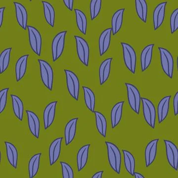 Doodle seamless pattern with little random purple leaf silhouettes print. Gre Stock Illustration