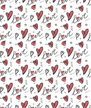 Doodle seamless pattern. Love concept. Hand drawn heart shapes with different Stock Illustration