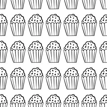 Doodle seamless pattern with muffins in outline Stock Illustration