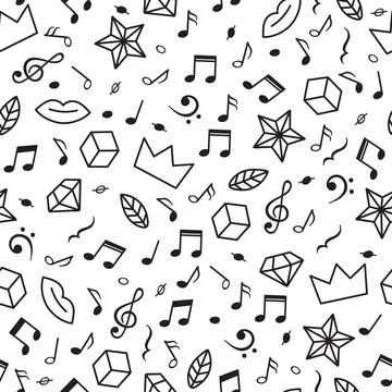 Doodle seamless pattern with music notes, hearts, stars and other geometric.. Stock Illustration