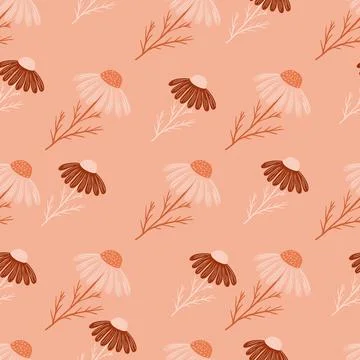 Doodle seamless pattern with natural chamomile flowers elements. Pink pale ba Illustrazione stock