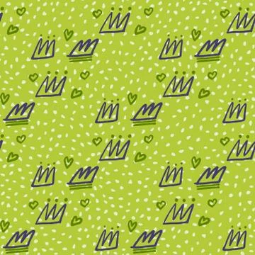 Doodle seamless pattern with navy blue contoured crowns and white hearts. Gre Illustrazione stock