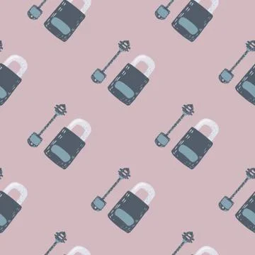 Doodle seamless pattern with navy blue pale lock and keys silhouettes. Vintag Stock Illustration