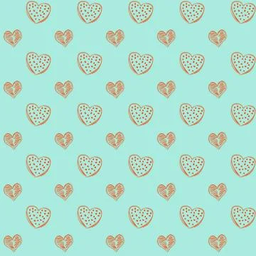 Doodle seamless pattern of orange hearts on an azure-green sea backdrop. 스톡 일러스트