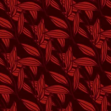 Doodle seamless pattern with outline leaves. Foliage in red color on dark bur Stock Illustration