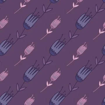 Doodle seamless pattern with outline violet and blue floral tulip silhouettes Stock Illustration