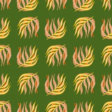 Doodle seamless pattern with palm leaf elements ornament. Green background. T Stock Illustration