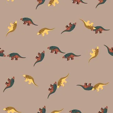 Doodle seamless pattern with random cute dinosaurs ankylosaurs ornament. Beig Stockillustratie