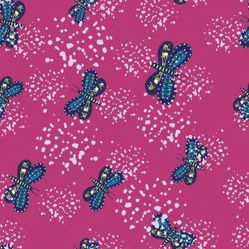 Doodle seamless pattern with random hand drawn blue butterfly folk elements.  Illustrazione stock