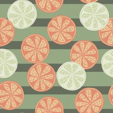 Doodle seamless pattern with random orange slices elements. Green striped bac Stock Illustration