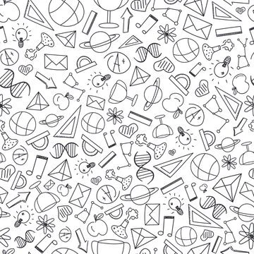 Doodle seamless pattern for school theme,hand drawn elements about math, science Stock Illustration