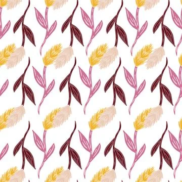 Doodle seamless pattern with simple isolated ear of wheat silhouettes. Purple Stock Illustration