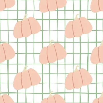 Doodle seamless pattern with soft pink pumpkin food ornament. White bacgound  Stock Illustration