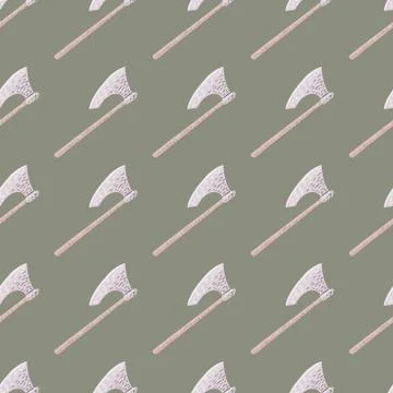 Doodle seamless pattern with stylized weapon viking ax silhouettes. Pale gree Stock Illustration