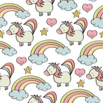 Doodle seamless pattern with unicorns and other fantasy magical elements 스톡 일러스트