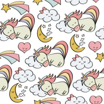 Doodle seamless pattern with unicorns and other fantasy magical elements Stock Illustration