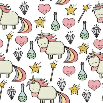 Doodle seamless pattern with unicorns and other fantasy magical elements Stock Illustration