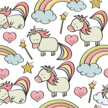 Doodle seamless pattern with unicorns and other fantasy magical elements Stockillustratie