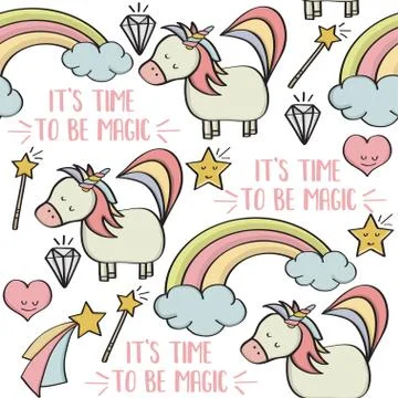 Doodle seamless pattern with unicorns and other fantasy magical elements Stock Illustration